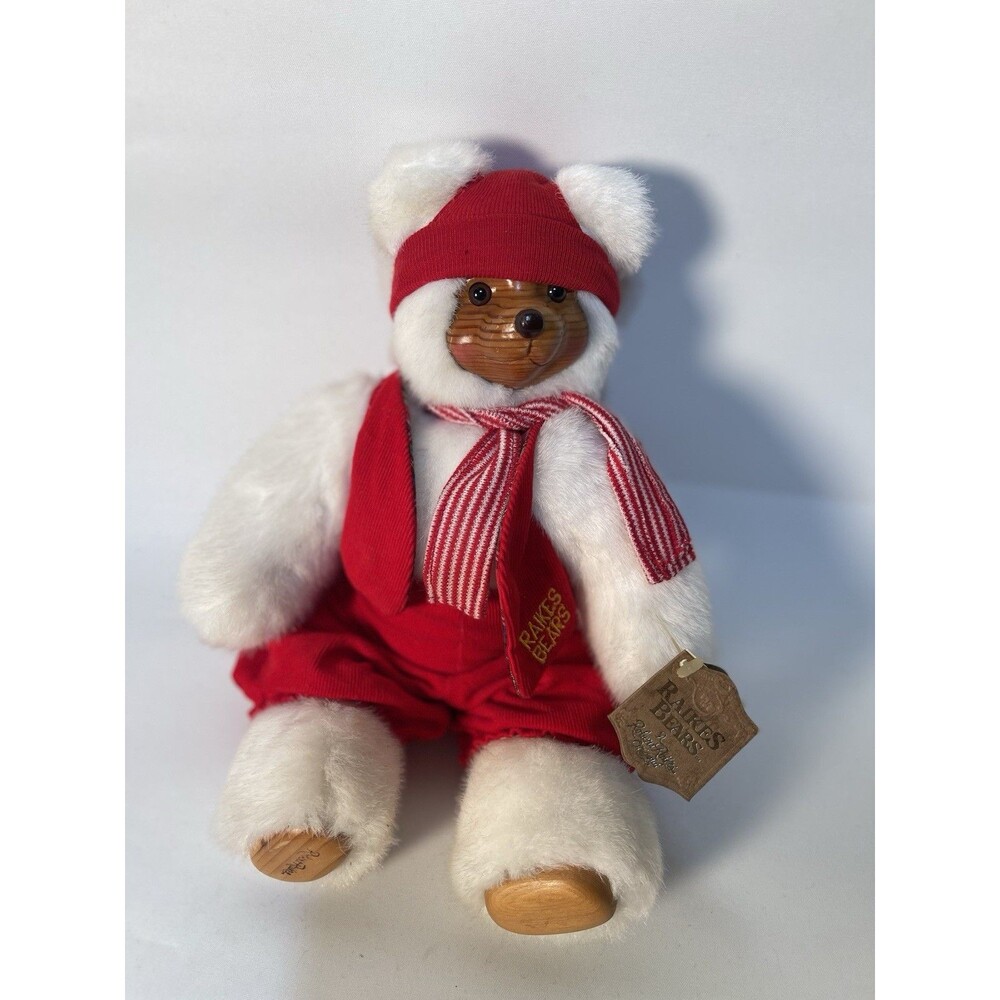 Vintage Robert RAIKES BEAR Red Santa Elf 1989 Plush Wooden Face Christmas TAG